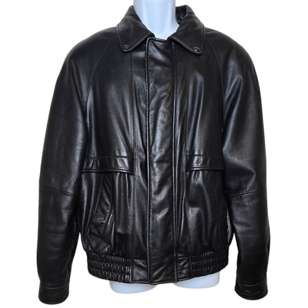 Vintage Charles Klein Black Leather Bomber Jacket Insulated Lined Coat Men's L